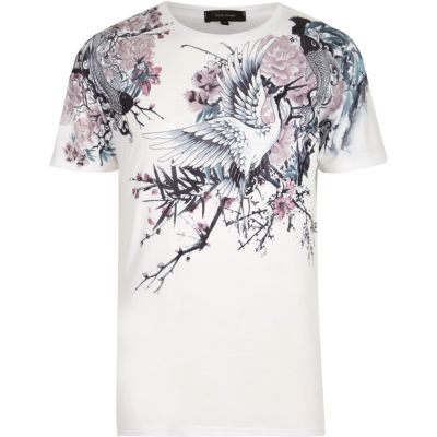 White Oriental floral print t-shirt
